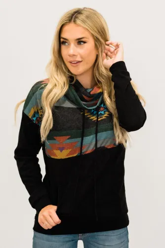 Black Aztec Cowl Pullover Hoodie