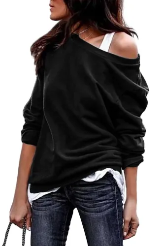 Black Plain One Shoulder Pullover Sweatshirt