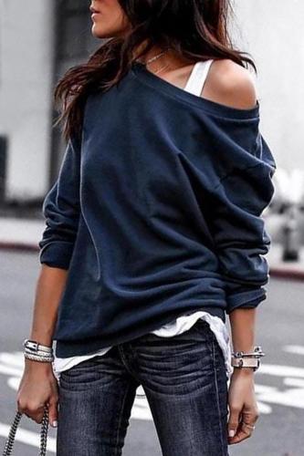 Blue Plain One Shoulder Pullover Sweatshirt