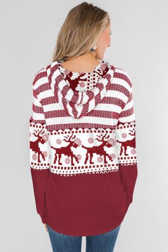 Stripes and Reindeer Print Pullover Hooded Sweatshirt