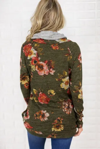 Green Floral Cowl Neck Sweatshirt