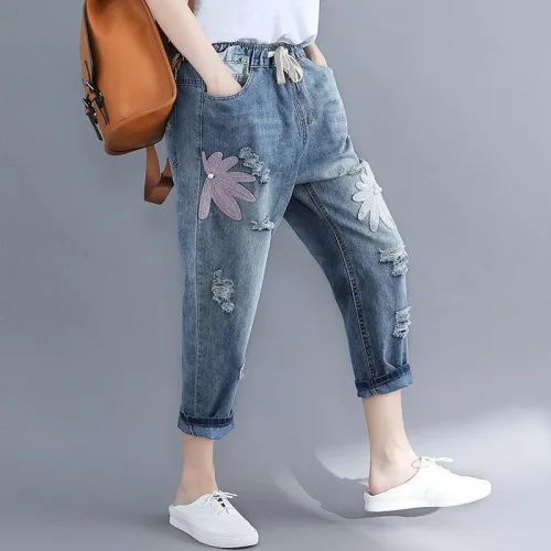 Blugi moderni pentru femei, casual și ușor de asortat, cu broderie și elastic în talie, din bumbac