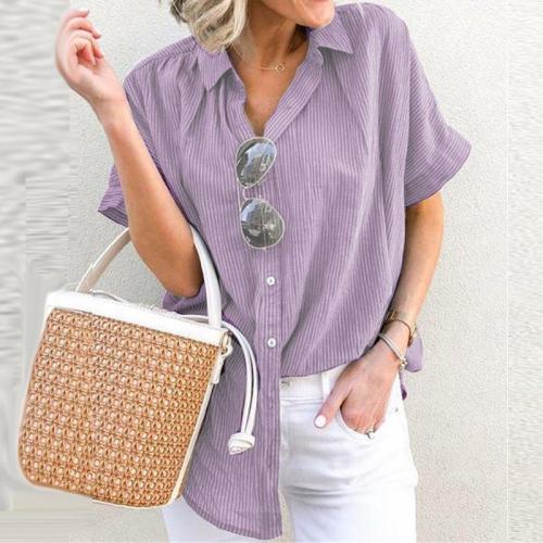 Bluză / cămașă largă pentru femei, cu imprimeu cu dungi și mâneci scurte, potrivită pentru timpul liber