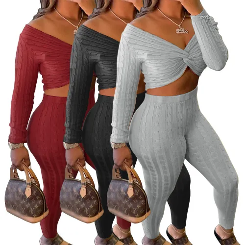 2020  women fashion fall   and winter clothes V-neck  twisted top trousers sweater two-piece suit