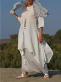 Plus Size Women Linen Dress Casual Asymmetric  Crew Neck Summer Dresses