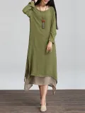 Long Sleeve Linen Cotton Crew Neck Casual Plus Size Dress