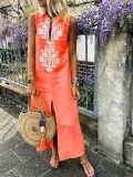 Sleeveless Geometric Casual Linen Maxi Dresses