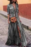 Button Down Collar Stripes Roll Up Sleeve Half Sleeve Maxi Plus Size Dress