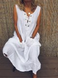 Vintage Spaghetti-Strap Solid Linen Maxi Dresses