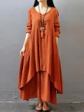 Plus Size Crew Neck Women Dress Asymmetrical Daytime Solid Linen Maxi Dress