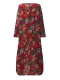 Crew Neck Long Sleeve Floral Printed Plus Size Dress