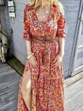 Cotton-Blend V Neck Floral Casual Dresses