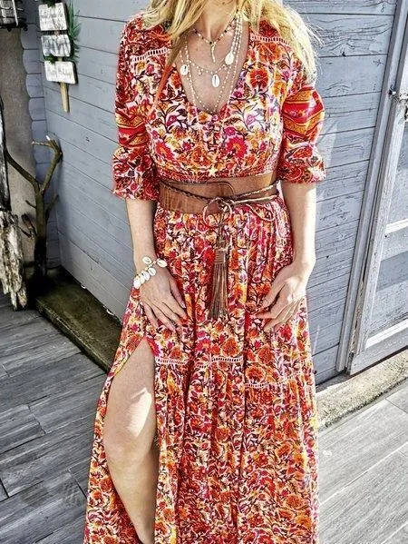 Cotton-Blend V Neck Floral Casual Dresses