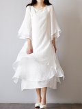 Women White Dresses Elegant Solid Color Linen Maxi Dress