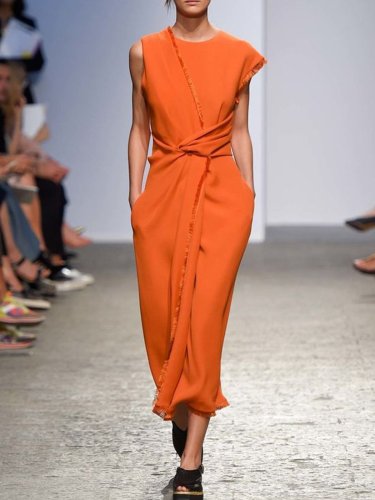 Orange Round Neck Sleeveless Cotton-Blend Patchwork Dresses