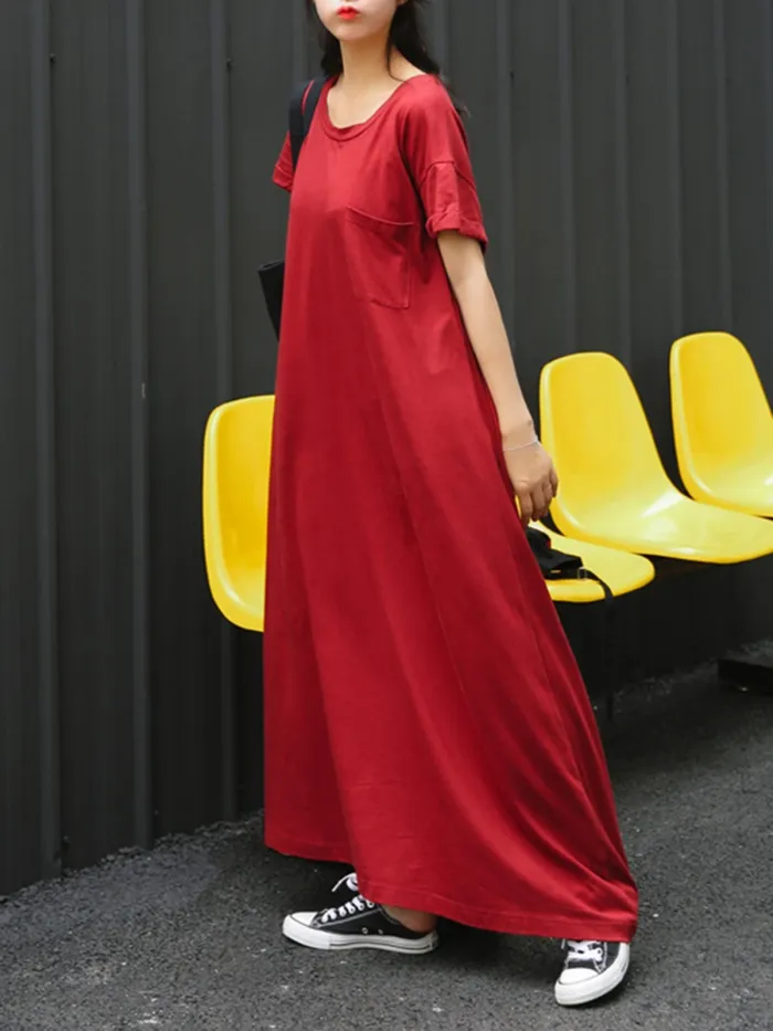 Plus Size Crew Neck Women Red Dress Shift Daytime Pockets Casual Maxi Dress