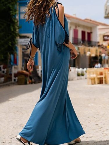 Blue Cold Shoulder Nylon Maxi Dress