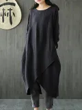 Black Solid Casual Crew Neck Cotton Casual Dress