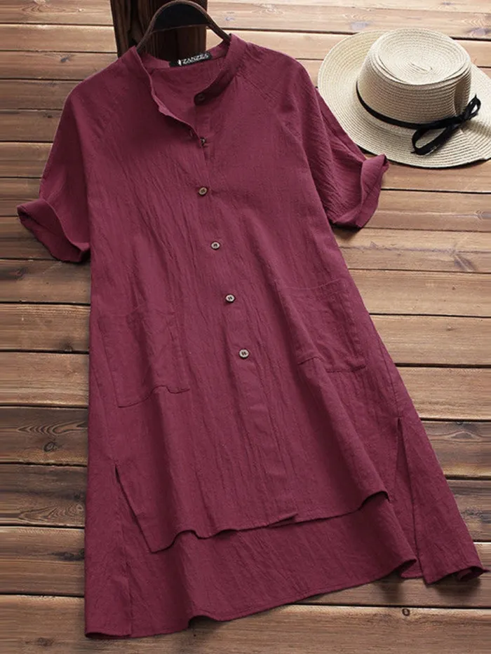 Casual Solid Buttoned Cotton Casual Dress