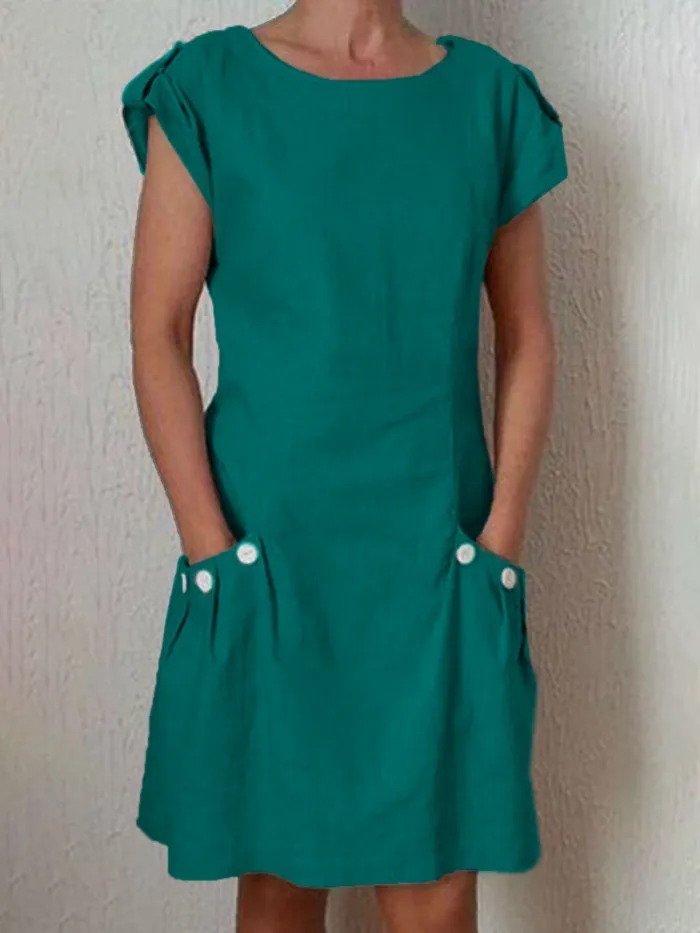 Women Casual Linen Dress Short Sleeve Pockets Buttoned Summer Dresses