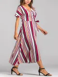 Rainbow Multicolor Stripes Beach Swing V-Neck Maxi Plus Size Dress