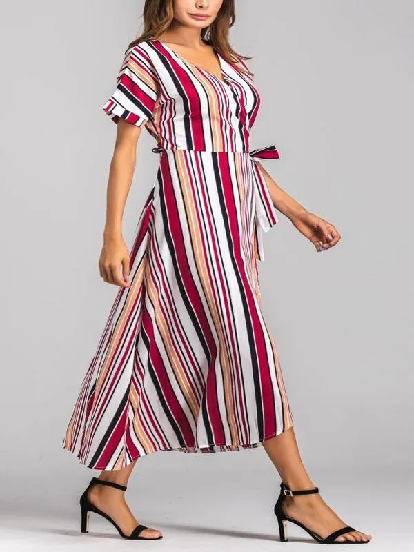 Rainbow Multicolor Stripes Beach Swing V-Neck Maxi Plus Size Dress