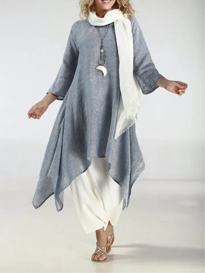 Plus Size Women Linen Dress Casual Asymmetric  Crew Neck Summer Dresses