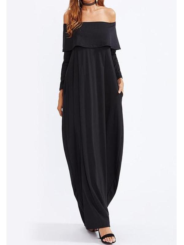 Off Shoulder Flounce Plain Maxi Plus Size Dress