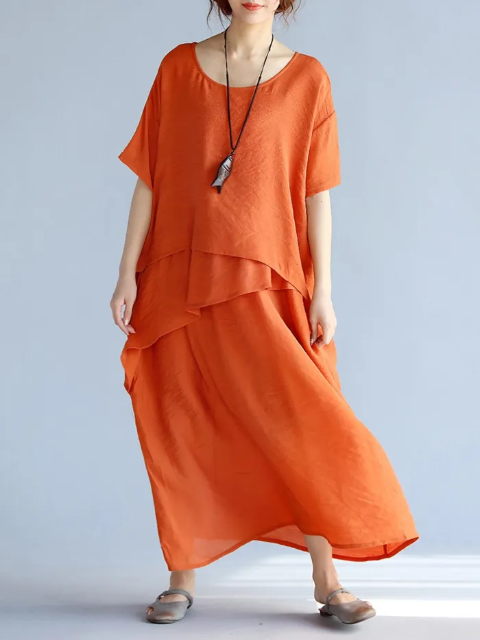 Casual Crew Neck Half Sleeve H-line Solid Maxi Linen Dress
