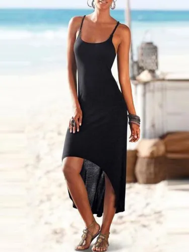 Spaghetti Strap  Cross Straps  Curved Hem  Plain Maxi Plus Size Dress