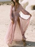 Balloon Sleeve Solid V Neck Maxi Dresses