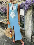 Sleeveless Geometric Casual Linen Maxi Dresses
