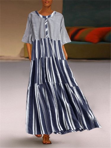 Cotton-Blend Short Sleeve Printed Round Neck Dresses