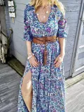 Cotton-Blend V Neck Floral Casual Dresses