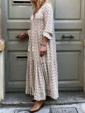 Women Shift Boho Floral Maxi Dresses Long Sleeve V Neck Daily Dresses