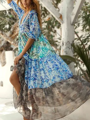Blue Holiday Floral V Neck Maxi Dresses