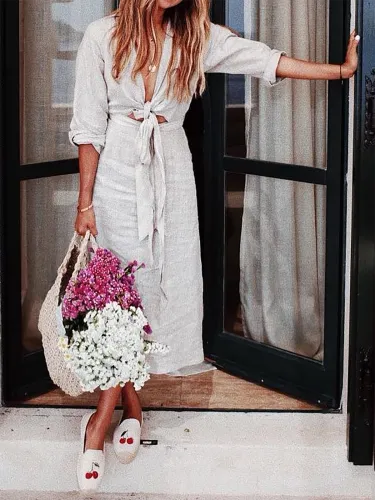 Solid Linen Bandage Fall Dress
