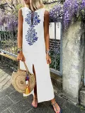 Sleeveless Geometric Casual Linen Maxi Dresses