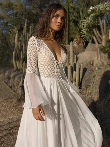 Beige V Neck Casual Maxi Dresses