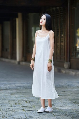 Tank Type Women Linen and Cotton Sleeveless Tea Length Dress