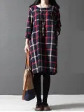 Long Sleeve Women Loose Linen Cotton Plaid Casual Dress