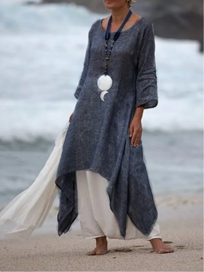 Plus Size Women Linen Dress Casual Asymmetric  Crew Neck Summer Dresses