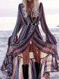 Purple Swing Long Sleeve Floral Vacation Dress