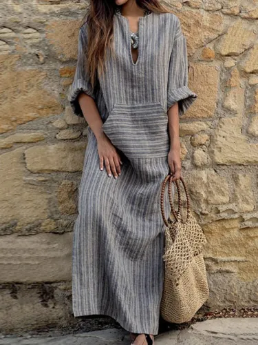 Plus Size V-Neck Dress Shift Daily Linen Pockets Maxi Dress