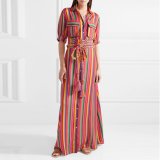 Button Down Collar  Stripes  Roll Up Sleeve  Half Sleeve Maxi Plus Size Dress