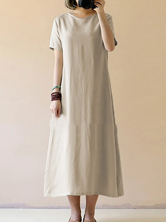 Shift Women Daily Linen Short Sleeve Casual Solid Casual Dress