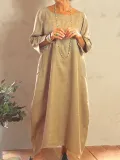 Khaki Cotton-Blend Casual Plain Crew Neck Dresses