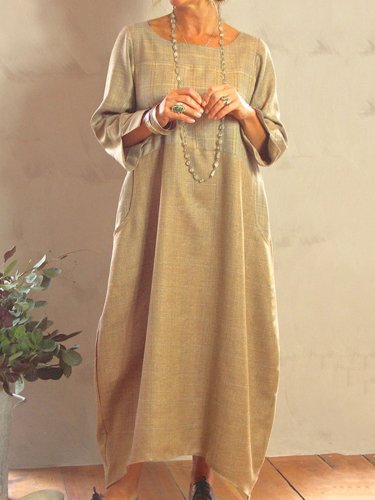 Khaki Cotton-Blend Casual Plain Crew Neck Dresses