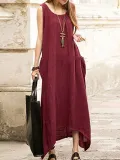 Plus Size Crew Neck Sleeveless Linen Solid Maxi Dress