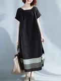 Casual Plus Size Linen Square Neck Shift Dress